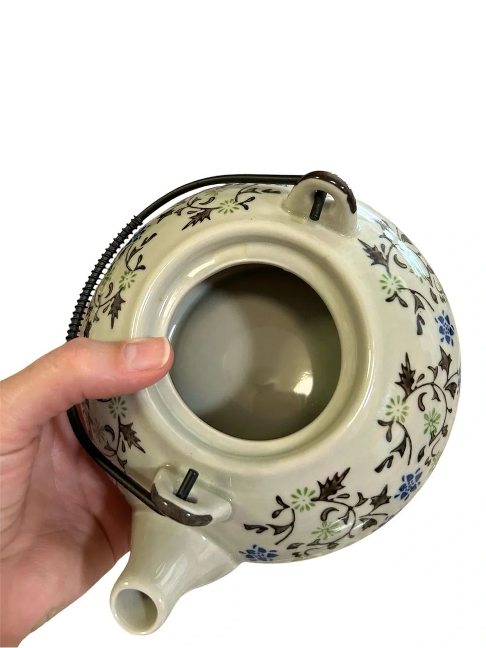 Pier1 Vintage Hand Painted Floral Tomoko Porcelain Teapot Metal Handle +Two Cups